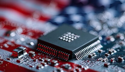 Close-up of a microchip on a circuit board, with the blurred American flag in the background