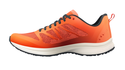 Vibrant orange sporty running shoe with breathable mesh panels and sleek design on white background for fitness and athletic activities