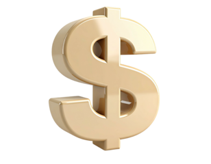A golden, three-dimensional dollar sign against a transparent background