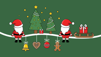 Festive Christmas Scene with Santa Claus, Christmas Trees, Gifts, and Ornaments on Green Background © Rindii