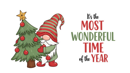 Whimsical Christmas Gnome Holding Decorated Tree with Festive Holiday Greeting Text © Rindii