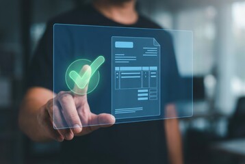 Man validating a digital document on a virtual screen. Concept of electronic agreement, contract approval, and online business management.
