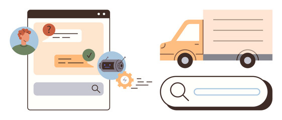 Chat interface with person query, delivery truck, and search bar. Ideal for customer service, logistics, shipping, technology, communication, e-commerce business efficiency simple flat metaphor