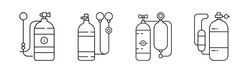 Scuba diving tank and oxygen cylinder equipment line icons set on white background