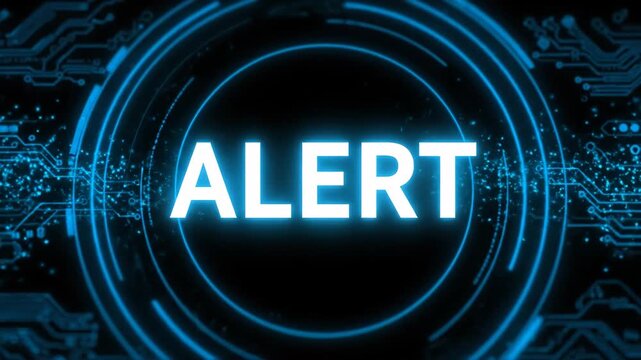 Digital alert system displaying the word ALERT in glowing blue neon text on a dark background with circuit board patterns