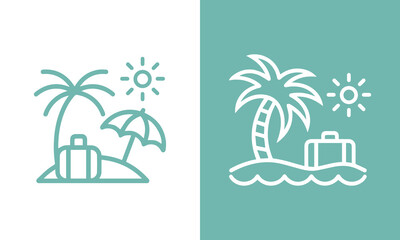 Simple line art icon representing a beach holiday with a palm tree, sun, and suitcase.