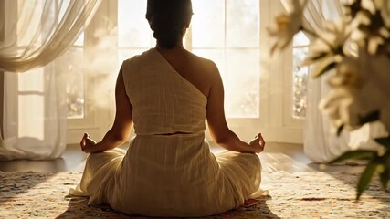 Woman meditating in serene sunlit room, sitting in lotus position by a large window.
