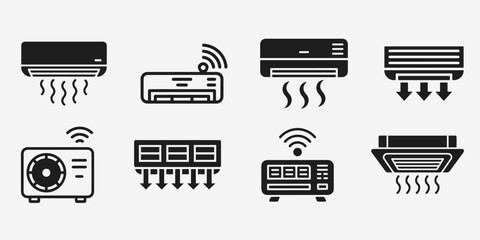 Collection of air conditioning unit icons depicting various types and functions