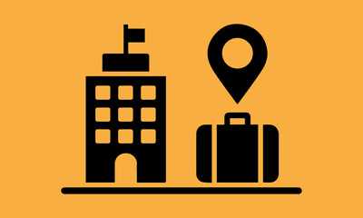 Minimalist icon representing hotel accommodation, travel luggage, and destination location pin
