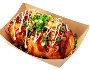 Japanese savory balls, drizzled with sauce and mayonnaise, in a tray