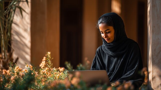 Kuwaiti student coding on laptop in traditional court setting