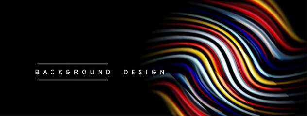 Abstract wavy lines, vibrant colors over black backdrop. Modern design element, dynamic flow, sleek presentation.