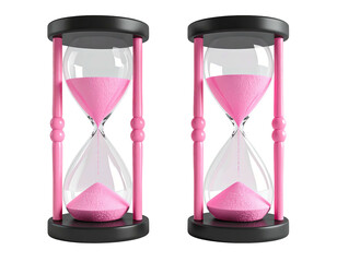 Two hourglasses with pink sand, black and pink trim, isolated background