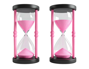 Two hourglasses with pink sand, black and pink trim, isolated background