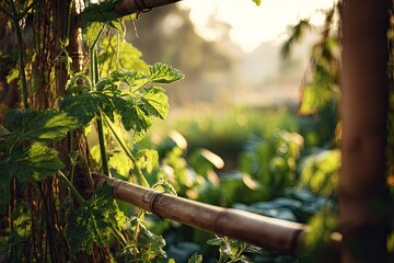 Lush greenery frames a sunlit garden, bamboo supports add structure and texture