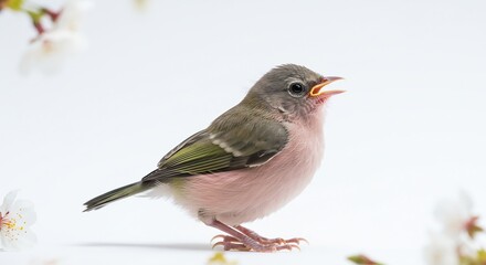 Obraz premium 明るい柔らかな光が降り注ぐ純白の世界で鮮やかな小鳥が元気にさえずる 繊細なピンクと緑の羽が春の息吹を感じさせ周囲の白い花々が美しく調和する. AI Generated