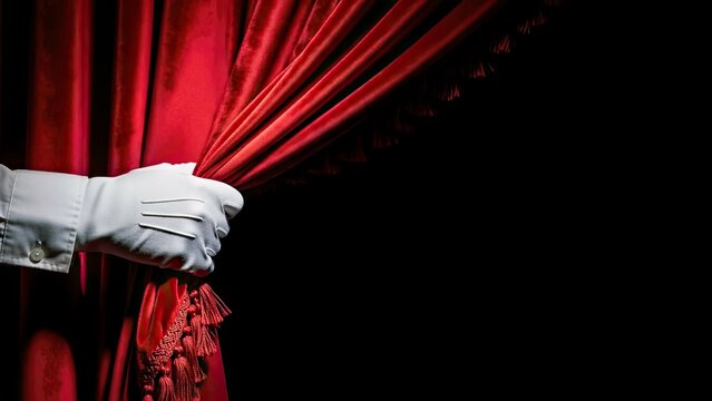 Elegant Red Curtain White Glove Pulling Back With Tassels Dramatic Lighting Stage Debut.jpg