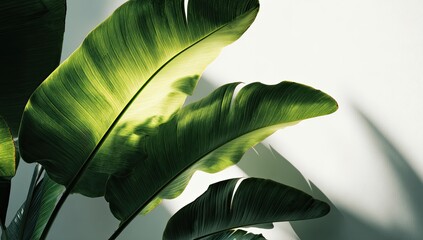 Close-up of large, vibrant green leaves with sunlight on a stark white background and shadows