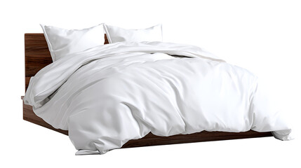 White duvet bed with pillows isolated on transparent background