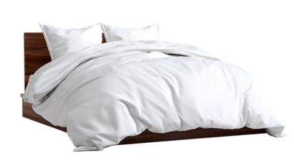 White duvet bed with pillows isolated on transparent background