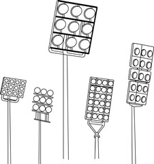 Stadium floodlight pole set, outdoor arena sports lighting tower illustrations, for football and stadium events © Majnur