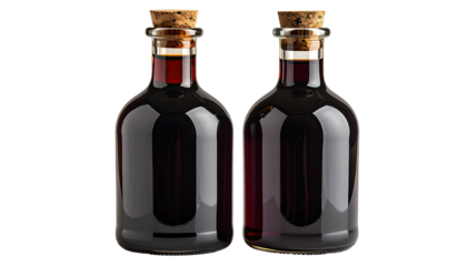 Two glass bottles filled with dark liquid, corked, against black background