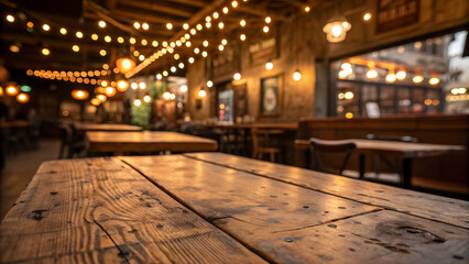 Restaurant outer view empty wooden table top or showcasing food, drink presentations