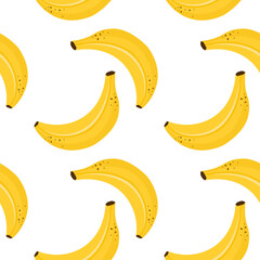Seamless banana pattern with ripe yellow bananas on white background. Tropical fruit design in flat vector style.