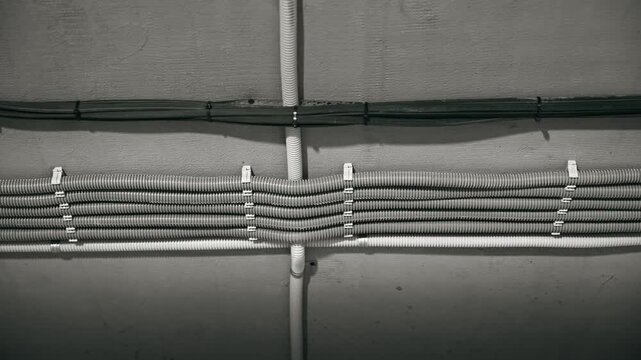 Organized Wiring Setup, Methodical Conduit Placement With Secure Fasteners And Neat Arrangement