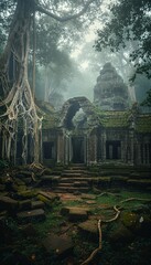 Obraz premium Ancient temple ruin overgrown by giant tree roots stands majestically amidst a mystical foggy jungle landscape, evoking a sense of timeless mystery and historical grandeur.