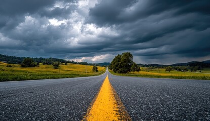 Asphalt road extends towards the horizon, under a stormy sky, amidst green fields