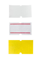 Adhesive paper price tag set. Blank of price label isolated on white background