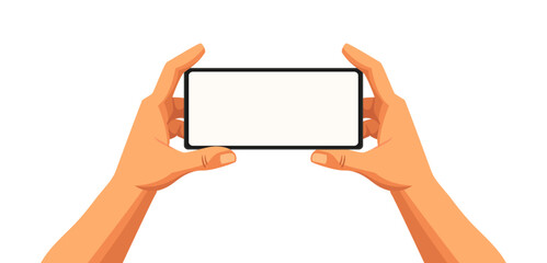 Hand holding smartphone to take photo. Mobile device with camera ready to shoot. Cartoon flat art style illustration. Vertical  and horizontal screen mockup for social media content.