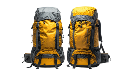 Two upright outdoor travel backpacks, yellow and grey, with many straps