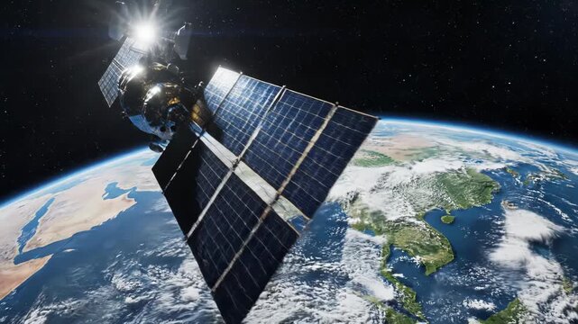 Satellite orbiting earth with solar panels in outer space