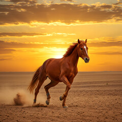 Obraz premium A horse runs across the desert sand at sunset, symbolizing wild freedom and power, against the backdrop of a dramatic golden sky