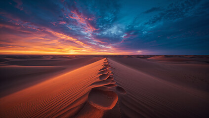 Footprints lead across the narrow crest of a vibrant orange desert dune under a dramatic twilight sky
