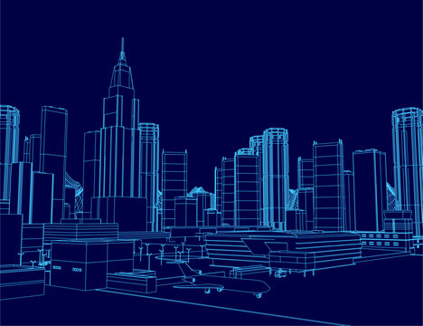 A detailed blueprint of a city skyline with an airport and aeroplane on a runway, outlined in white on a dark blue background.