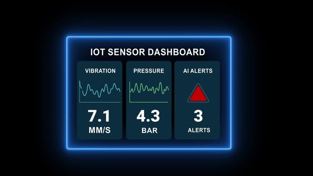 AI civil engineering construction uses IoT sensor dashboard to monitor vibration pressure and alerts for efficient project management and safety. Motion graphics of IOT concept.