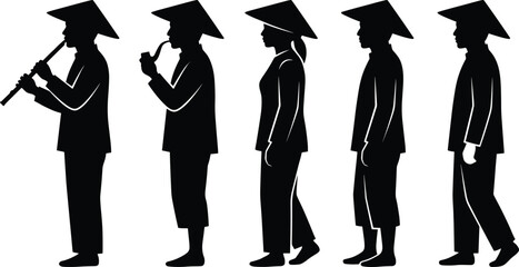 Silhouettes of individuals in conical hats, black figures, cultural gestures, flute playing, pipe smoking, walking, standing, traditional posture, white background ©  BAKKOR