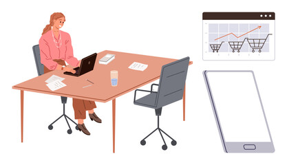 Businesswoman using laptop at desk with online shopping growth chart and smartphone. Ideal for digital marketing, e-commerce, online sales, data analysis, remote work, entrepreneurship, simple flat