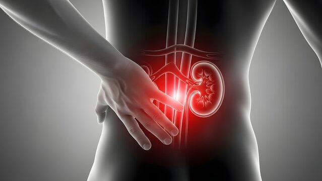 Human anatomy showing kidney pain and renal health issues. Medical healthcare and urology diagnosis. Man holding his back with a red glowing highlight on the kidneys
