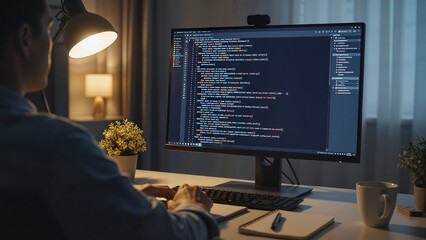 Man coding on computer with plants and coffee cup on desk  