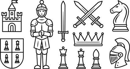 Line art vector illustration set featuring medieval knight armor chess pieces crossed swords castle fortress and royal crown icons. © Rozina Creative