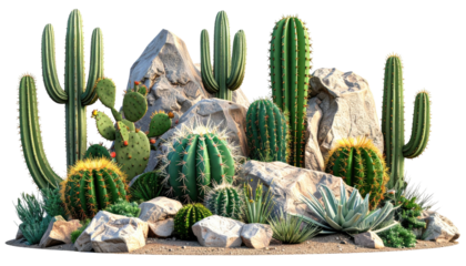 A vibrant desert scene featuring a variety of cacti and rocky terrain