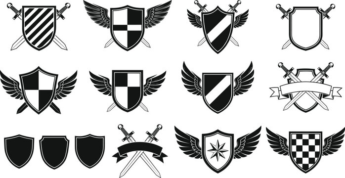 Set of medieval heraldic shield icons with crossed swords and wings black and white crest symbols for logo design.