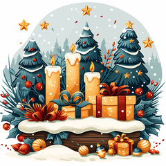 Merry Christmas Vector Illustration with Festive Trees and Gifts