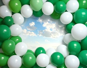 A frame of green and white balloons encircles a view of a bright blue sky filled with fluffy white clouds, creating a festive scene