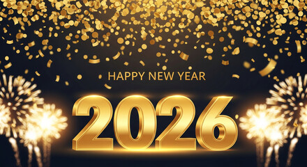 Image with golden confetti falling on the inscription "Happy New Year 2026", symbol of festive celebration and greeting, perfect for festive atmosphere