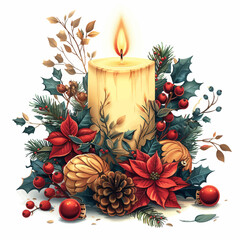 Christmas Candle Vector Art with Poinsettias and Pine Cones